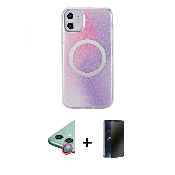 MARSİLYAN™- iPhone 11 Kılıf Pusula Form - Siyah 3D Antistatik Hayalet Cam Ekran Koruyucu + Raze Metal Kamera Lens - KI