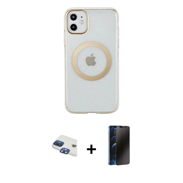 MARSİLYAN™- iPhone 11 Kılıf Pusula Form - Siyah 3D Antistatik Hayalet Cam Ekran Koruyucu + Pers Alüminyum Kamera Lens - LT