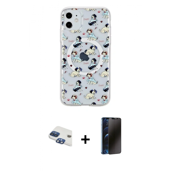 MARSİLYAN™- iPhone 11 Kılıf Pusula Form - Siyah 3D Antistatik Hayalet Cam Ekran Koruyucu + Pers Alüminyum Kamera Lens - LT