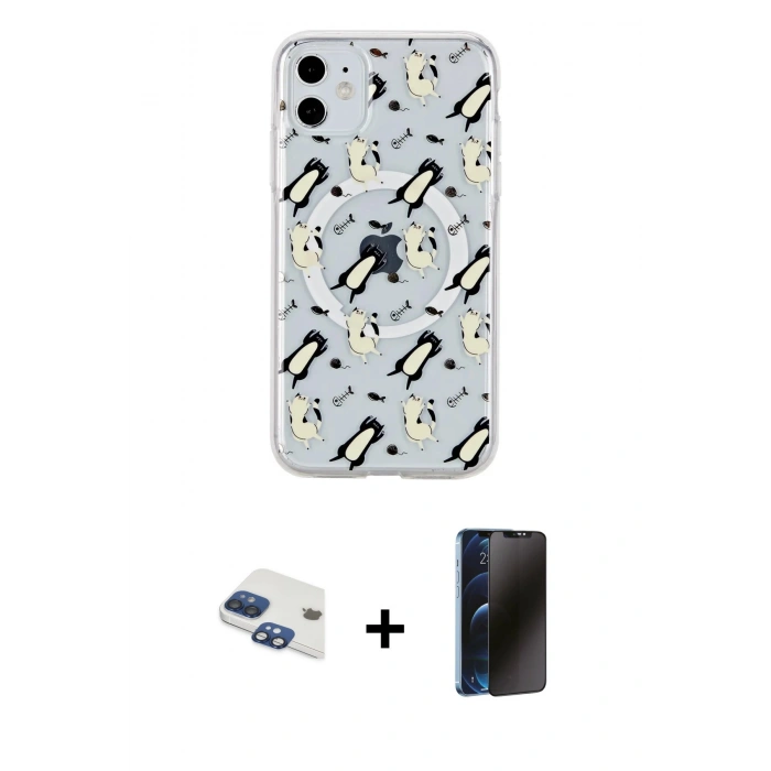 MARSİLYAN™- iPhone 11 Kılıf Pusula Form - Siyah 3D Antistatik Hayalet Cam Ekran Koruyucu + Pers Alüminyum Kamera Lens - LT