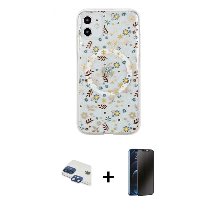 MARSİLYAN™- iPhone 11 Kılıf Pusula Form - Siyah 3D Antistatik Hayalet Cam Ekran Koruyucu + Pers Alüminyum Kamera Lens - LT