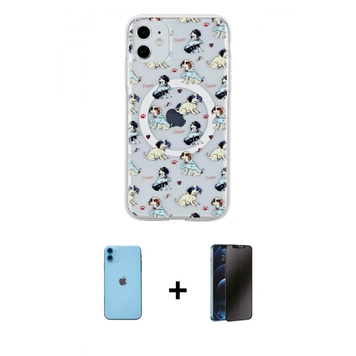MARSİLYAN™- iPhone 11 Kılıf Pusula Form - Siyah 3D Antistatik Hayalet Cam Ekran Koruyucu + Neon Fosforlu Kamera Lens - MI