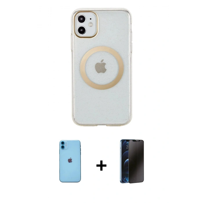 MARSİLYAN™- iPhone 11 Kılıf Pusula Form - Siyah 3D Antistatik Hayalet Cam Ekran Koruyucu + Neon Fosforlu Kamera Lens - MI