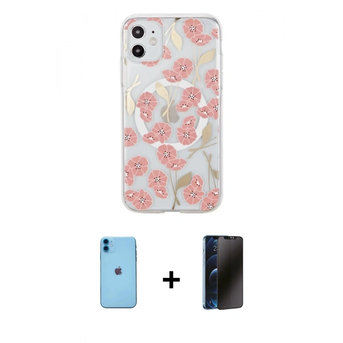 MARSİLYAN™- iPhone 11 Kılıf Pusula Form - Siyah 3D Antistatik Hayalet Cam Ekran Koruyucu + Neon Fosforlu Kamera Lens - MI