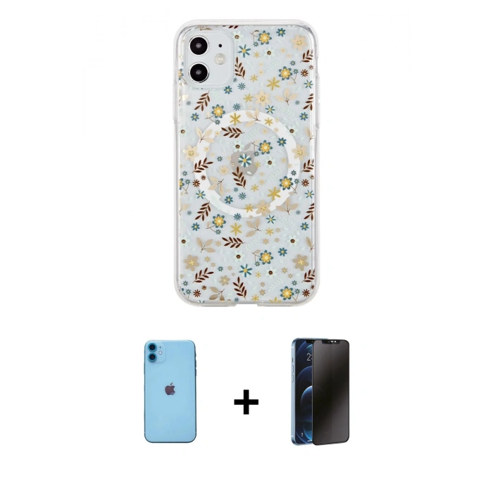 MARSİLYAN™- iPhone 11 Kılıf Pusula Form - Siyah 3D Antistatik Hayalet Cam Ekran Koruyucu + Neon Fosforlu Kamera Lens - MI