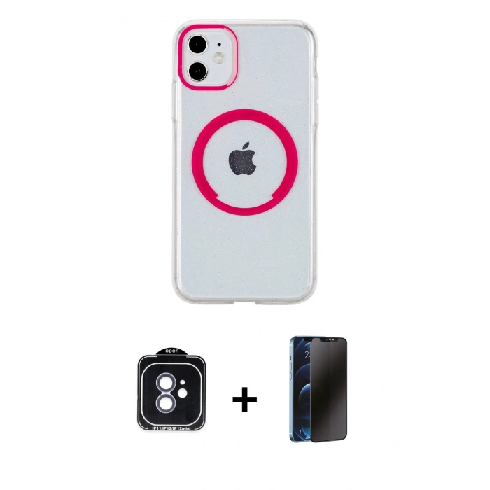 MARSİLYAN™- iPhone 11 Kılıf Pusula Form - Siyah 3D Antistatik Hayalet Cam Ekran Koruyucu + PVD Metal Kamera Lens - MI