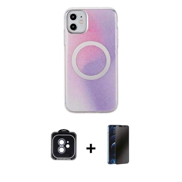 MARSİLYAN™- iPhone 11 Kılıf Pusula Form - Siyah 3D Antistatik Hayalet Cam Ekran Koruyucu + PVD Metal Kamera Lens - MI