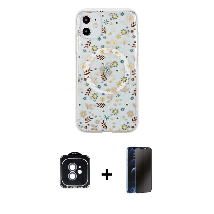 MARSİLYAN™- iPhone 11 Kılıf Pusula Form - Siyah 3D Antistatik Hayalet Cam Ekran Koruyucu + PVD Metal Kamera Lens - MI