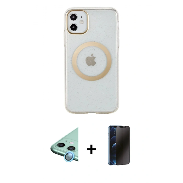 MARSİLYAN™- iPhone 11 Kılıf Pusula Form - Siyah 3D Antistatik Hayalet Cam Ekran Koruyucu + Raze Metal Kamera Lens - MI