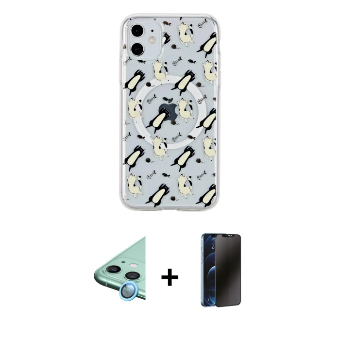MARSİLYAN™- iPhone 11 Kılıf Pusula Form - Siyah 3D Antistatik Hayalet Cam Ekran Koruyucu + Raze Metal Kamera Lens - MI