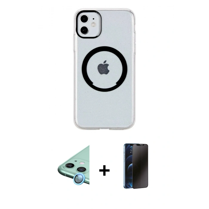 MARSİLYAN™- iPhone 11 Kılıf Pusula Form - Siyah 3D Antistatik Hayalet Cam Ekran Koruyucu + Raze Metal Kamera Lens - MI