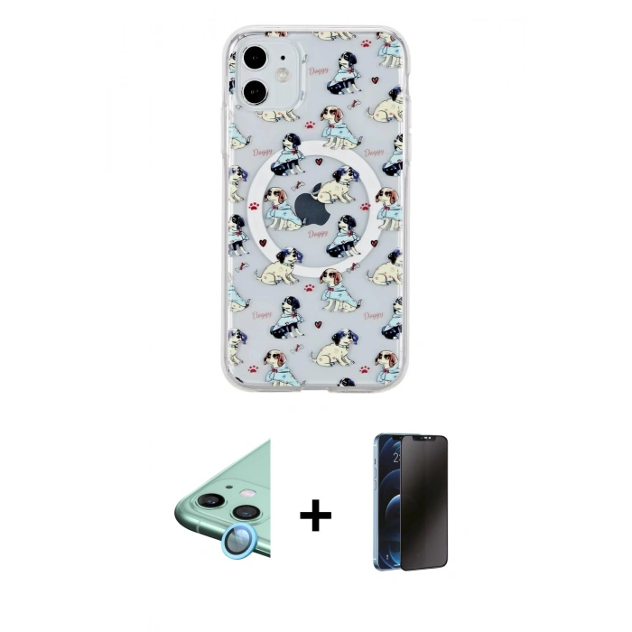 MARSİLYAN™- iPhone 11 Kılıf Pusula Form - Siyah 3D Antistatik Hayalet Cam Ekran Koruyucu + Raze Metal Kamera Lens - MI
