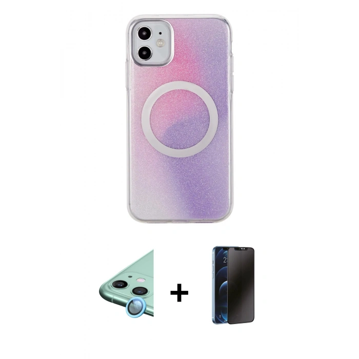 MARSİLYAN™- iPhone 11 Kılıf Pusula Form - Siyah 3D Antistatik Hayalet Cam Ekran Koruyucu + Raze Metal Kamera Lens - MI