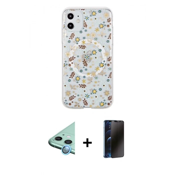 MARSİLYAN™- iPhone 11 Kılıf Pusula Form - Siyah 3D Antistatik Hayalet Cam Ekran Koruyucu + Raze Metal Kamera Lens - MI