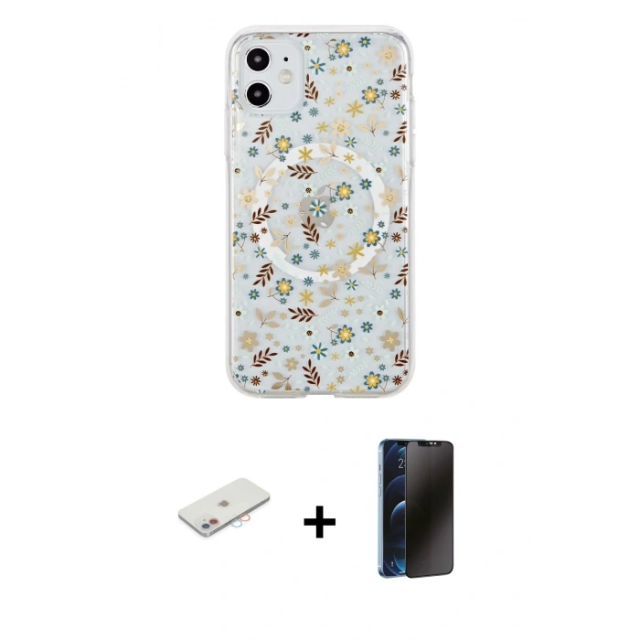 MARSİLYAN™- iPhone 11 Kılıf Pusula Form - Siyah 3D Antistatik Hayalet Cam Ekran Koruyucu + Renkli Kamera Lens Koruma Cam - PE