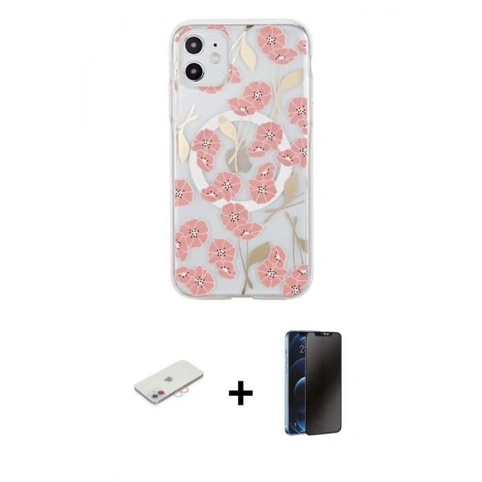 MARSİLYAN™- iPhone 11 Kılıf Pusula Form - Siyah 3D Antistatik Hayalet Cam Ekran Koruyucu + Renkli Kamera Lens Koruma Cam - PE