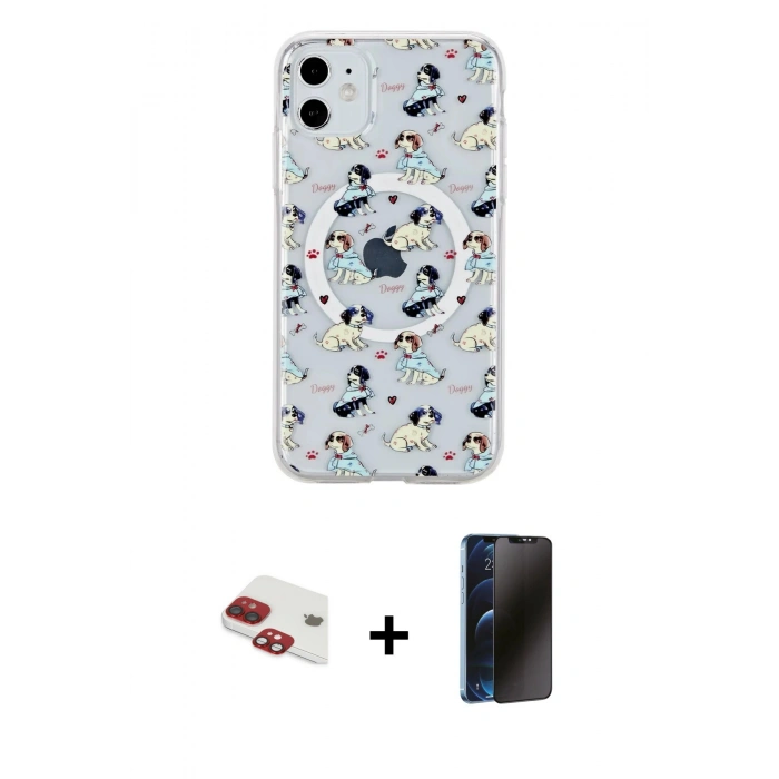 MARSİLYAN™- iPhone 11 Kılıf Pusula Form - Siyah 3D Antistatik Hayalet Cam Ekran Koruyucu + Pers Alüminyum Kamera Lens - KI