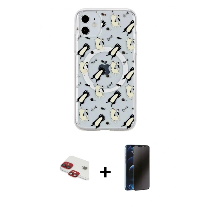 MARSİLYAN™- iPhone 11 Kılıf Pusula Form - Siyah 3D Antistatik Hayalet Cam Ekran Koruyucu + Pers Alüminyum Kamera Lens - KI