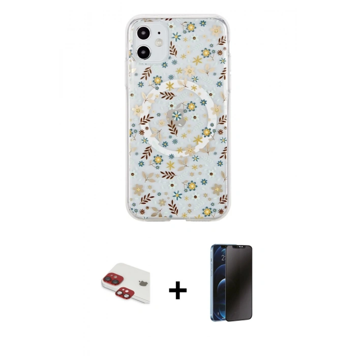 MARSİLYAN™- iPhone 11 Kılıf Pusula Form - Siyah 3D Antistatik Hayalet Cam Ekran Koruyucu + Pers Alüminyum Kamera Lens - KI