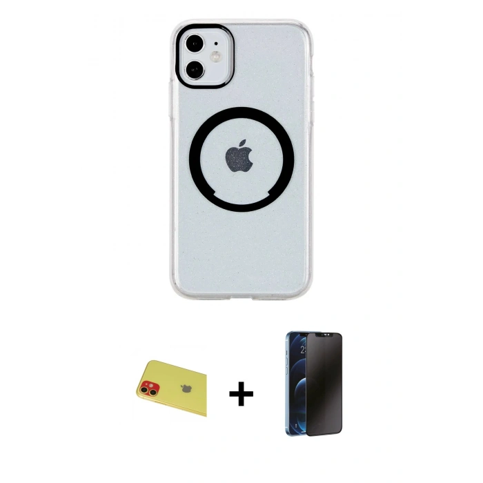 MARSİLYAN™- iPhone 11 Kılıf Pusula Form - Siyah 3D Antistatik Hayalet Cam Ekran Koruyucu + Rainbow Kamera Lens Koruma Cam - KI
