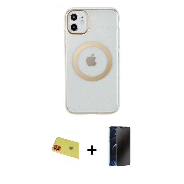 MARSİLYAN™- iPhone 11 Kılıf Pusula Form - Siyah 3D Antistatik Hayalet Cam Ekran Koruyucu + Rainbow Kamera Lens Koruma Cam - KI
