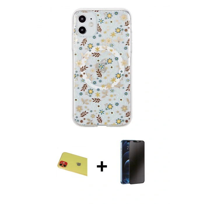 MARSİLYAN™- iPhone 11 Kılıf Pusula Form - Siyah 3D Antistatik Hayalet Cam Ekran Koruyucu + Rainbow Kamera Lens Koruma Cam - KI