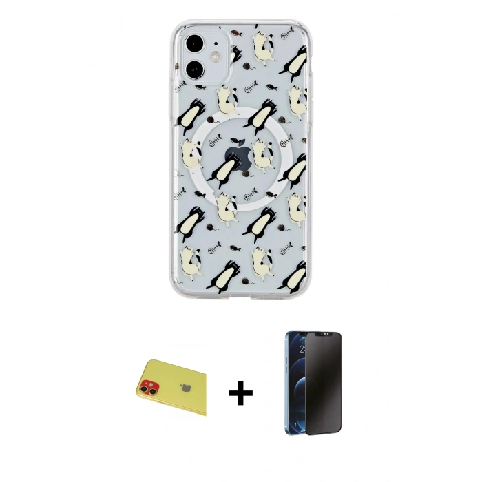 MARSİLYAN™- iPhone 11 Kılıf Pusula Form - Siyah 3D Antistatik Hayalet Cam Ekran Koruyucu + Rainbow Kamera Lens Koruma Cam - KI