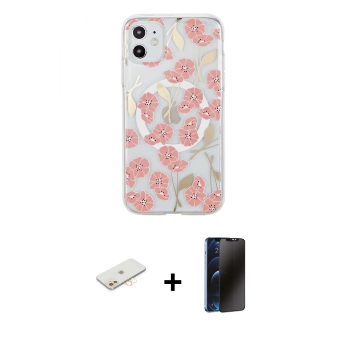 MARSİLYAN™- iPhone 11 Kılıf Pusula Form - Siyah 3D Antistatik Hayalet Cam Ekran Koruyucu + Renkli Kamera Lens Koruma Cam - SI