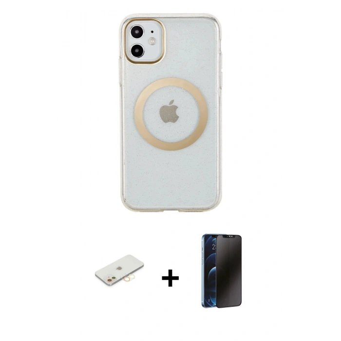 MARSİLYAN™- iPhone 11 Kılıf Pusula Form - Siyah 3D Antistatik Hayalet Cam Ekran Koruyucu + Renkli Kamera Lens Koruma Cam - SI