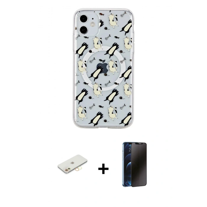 MARSİLYAN™- iPhone 11 Kılıf Pusula Form - Siyah 3D Antistatik Hayalet Cam Ekran Koruyucu + Renkli Kamera Lens Koruma Cam - SI