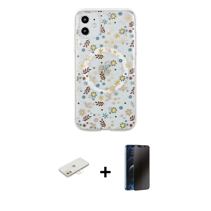 MARSİLYAN™- iPhone 11 Kılıf Pusula Form - Siyah 3D Antistatik Hayalet Cam Ekran Koruyucu + Renkli Kamera Lens Koruma Cam - SI