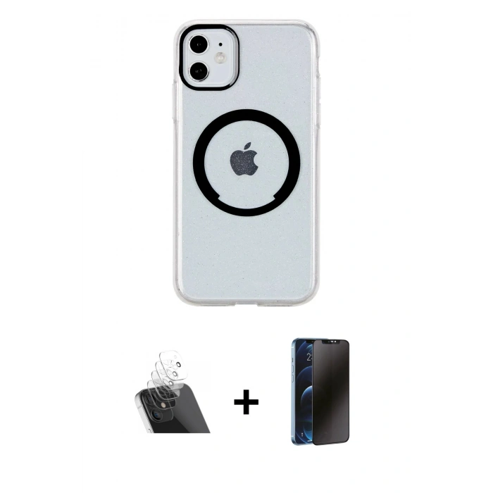 MARSİLYAN™- iPhone 11 Kılıf Pusula Form - Siyah 3D Antistatik Hayalet Cam Ekran Koruyucu + Şeffaf Kamera Lens Koruma Cam