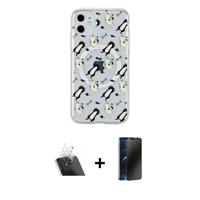 MARSİLYAN™- iPhone 11 Kılıf Pusula Form - Siyah 3D Antistatik Hayalet Cam Ekran Koruyucu + Şeffaf Kamera Lens Koruma Cam