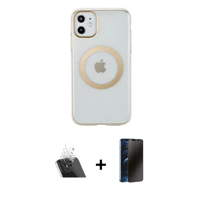MARSİLYAN™- iPhone 11 Kılıf Pusula Form - Siyah 3D Antistatik Hayalet Cam Ekran Koruyucu + Şeffaf Kamera Lens Koruma Cam