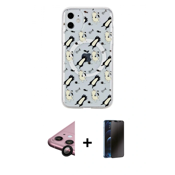 MARSİLYAN™- iPhone 11 Kılıf Pusula Form - Siyah 3D Antistatik Hayalet Cam Ekran Koruyucu + Siyah Raze Metal Kamera Lens