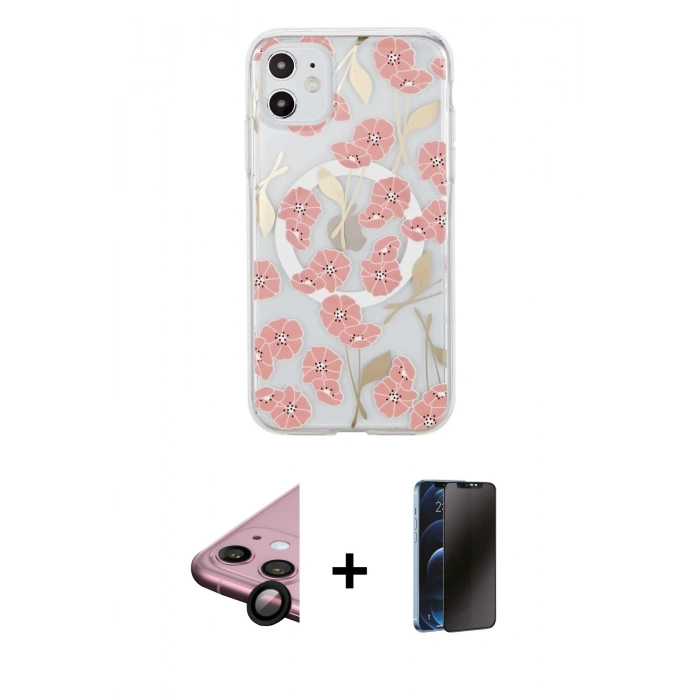 MARSİLYAN™- iPhone 11 Kılıf Pusula Form - Siyah 3D Antistatik Hayalet Cam Ekran Koruyucu + Siyah Raze Metal Kamera Lens