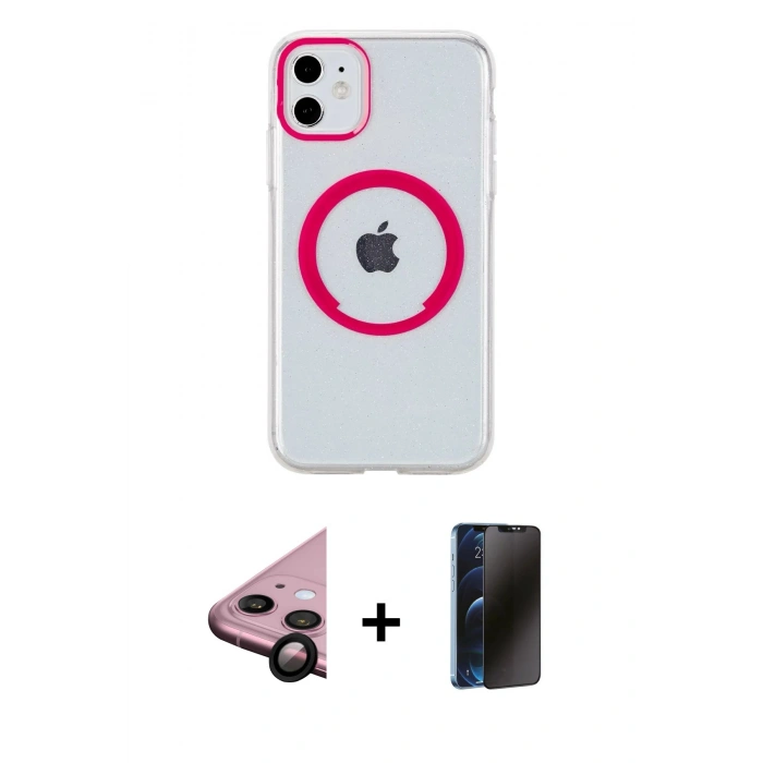 MARSİLYAN™- iPhone 11 Kılıf Pusula Form - Siyah 3D Antistatik Hayalet Cam Ekran Koruyucu + Siyah Raze Metal Kamera Lens