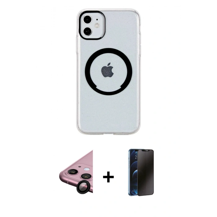 MARSİLYAN™- iPhone 11 Kılıf Pusula Form - Siyah 3D Antistatik Hayalet Cam Ekran Koruyucu + Siyah Raze Metal Kamera Lens