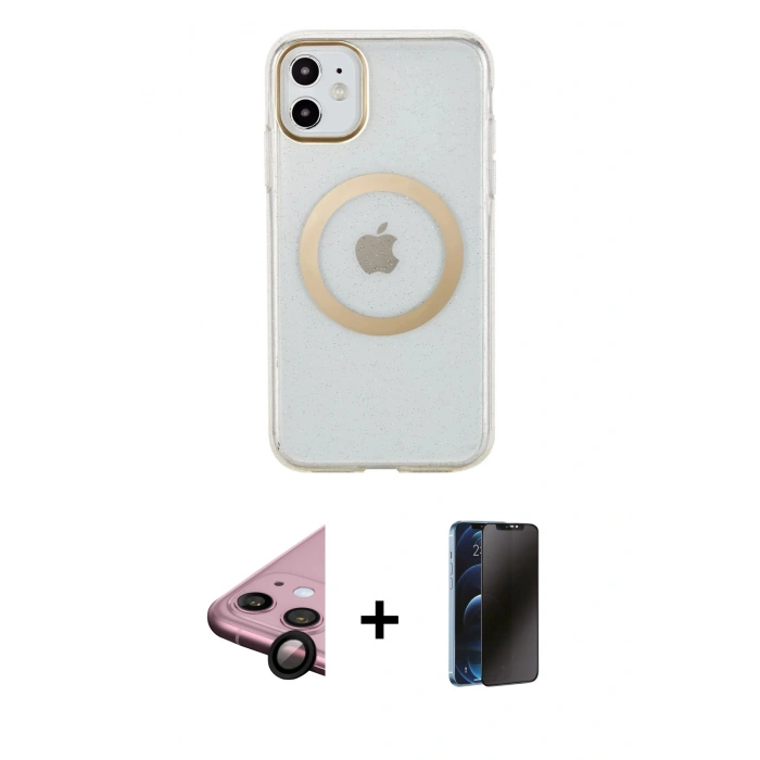 MARSİLYAN™- iPhone 11 Kılıf Pusula Form - Siyah 3D Antistatik Hayalet Cam Ekran Koruyucu + Siyah Raze Metal Kamera Lens