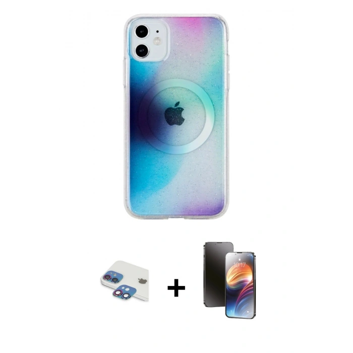 MARSİLYAN™- iPhone 11 Kılıf Pusula Form - Siyah 3D Antistatik Mat Seramik Nano Ekran Koruyucu + Pers Alüminyum Kamera Lens - GI