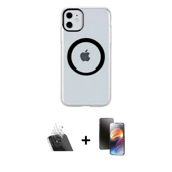 MARSİLYAN™- iPhone 11 Kılıf Pusula Form - Siyah 3D Antistatik Mat Seramik Nano Ekran Koruyucu + Kamera Lens Koruma Cam - SF