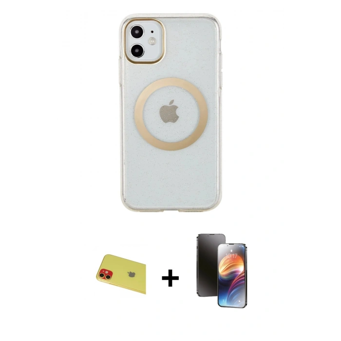 MARSİLYAN™- iPhone 11 Kılıf Pusula Form - Siyah 3D Antistatik Mat Seramik Nano Ekran Koruyucu + Kırmızı Rainbow Kamera Lens Koruma Cam
