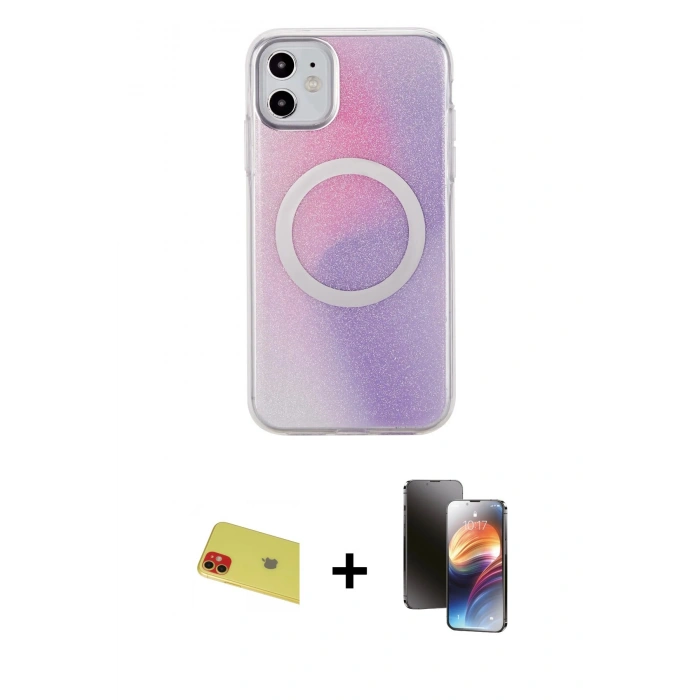 MARSİLYAN™- iPhone 11 Kılıf Pusula Form - Siyah 3D Antistatik Mat Seramik Nano Ekran Koruyucu + Kırmızı Rainbow Kamera Lens Koruma Cam