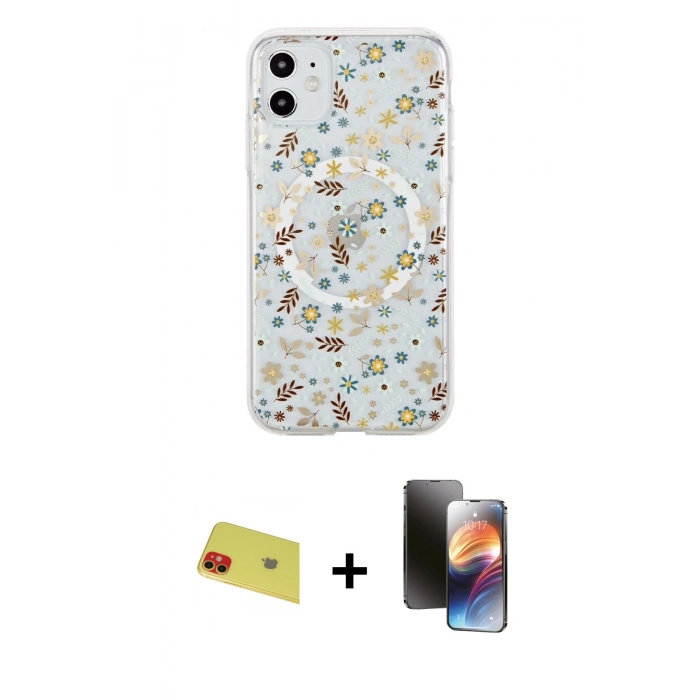 MARSİLYAN™- iPhone 11 Kılıf Pusula Form - Siyah 3D Antistatik Mat Seramik Nano Ekran Koruyucu + Kırmızı Rainbow Kamera Lens Koruma Cam