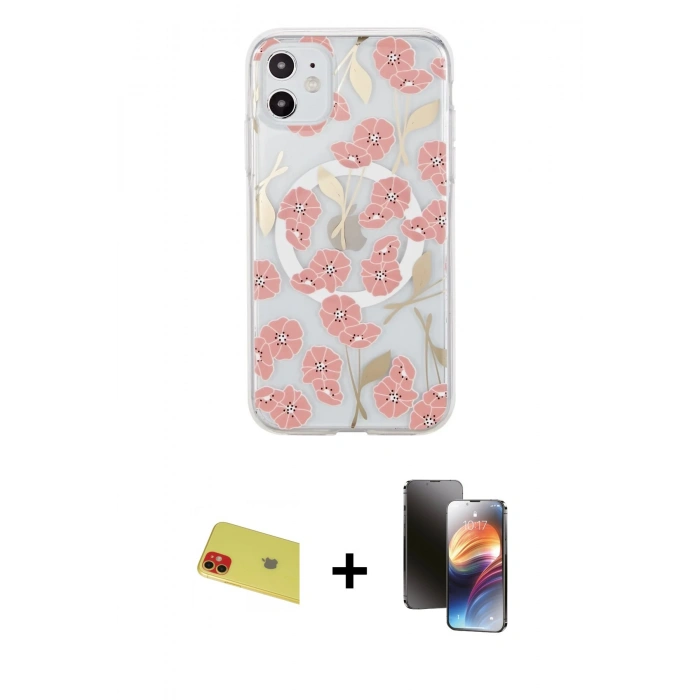 MARSİLYAN™- iPhone 11 Kılıf Pusula Form - Siyah 3D Antistatik Mat Seramik Nano Ekran Koruyucu + Kırmızı Rainbow Kamera Lens Koruma Cam