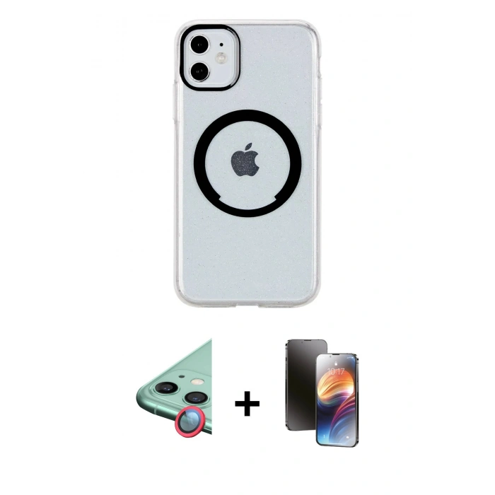 MARSİLYAN™- iPhone 11 Kılıf Pusula Form - Siyah 3D Antistatik Mat Seramik Nano Ekran Koruyucu + Raze Metal Kamera Lens - KI
