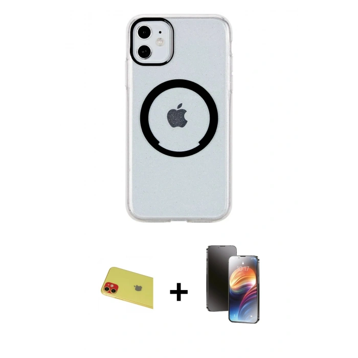 MARSİLYAN™- iPhone 11 Kılıf Pusula Form - Siyah 3D Antistatik Mat Seramik Nano Ekran Koruyucu + Kırmızı Rainbow Kamera Lens Koruma Cam