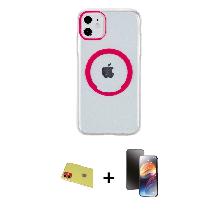 MARSİLYAN™- iPhone 11 Kılıf Pusula Form - Siyah 3D Antistatik Mat Seramik Nano Ekran Koruyucu + Kırmızı Rainbow Kamera Lens Koruma Cam
