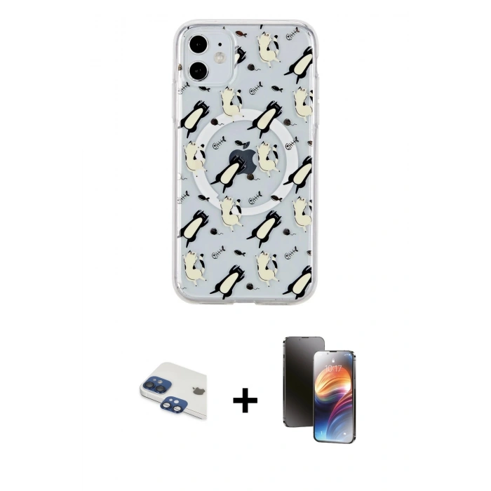 MARSİLYAN™- iPhone 11 Kılıf Pusula Form - Siyah 3D Antistatik Mat Seramik Nano Ekran Koruyucu + Pers Alüminyum Kamera Lens - LT