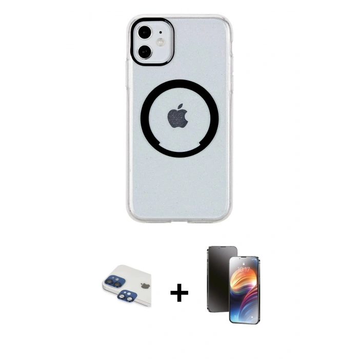 MARSİLYAN™- iPhone 11 Kılıf Pusula Form - Siyah 3D Antistatik Mat Seramik Nano Ekran Koruyucu + Pers Alüminyum Kamera Lens - LT